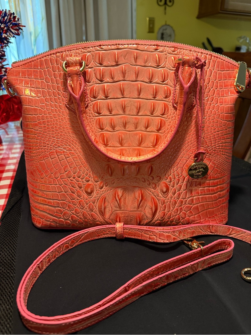 Bright Coral Croc-Embossed Satchel with Removable Strap
